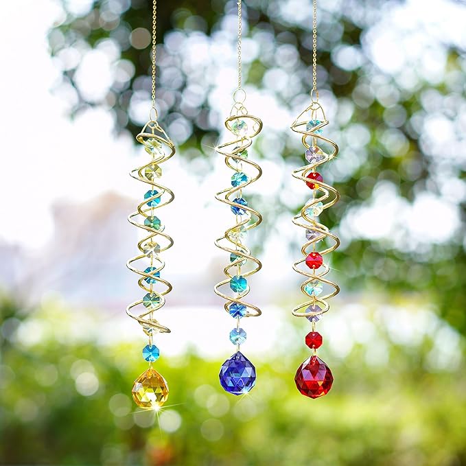 H&D HYALINE & DORA 17.7in Crystal Suncatcher Gazing Ball Spiral Tail,Wind Spinner Sun Catcher with Octagonal Beads,Sun Catchers Window Hanging for Outdoor Garden Decor