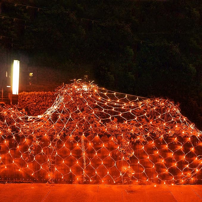 Joomer 12ft x 5ft 360LED Orange Halloween Net Lights Outdoor Mesh lights, 8 Modes Timer Connectable Waterproof Bush Lights Mesh Netting Lights for Halloween Outdoor Decorations (Clear Wire)