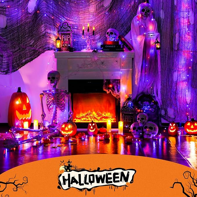JMEXSUSS 2 Pack Solar Halloween Lights, Total 66FT 200 LED Orange and Purple Halloween Lights Outdoor Waterproof, 8 Mode Black Wire Solar String Lights for Tree Yard Spooky Party Halloween Decorations