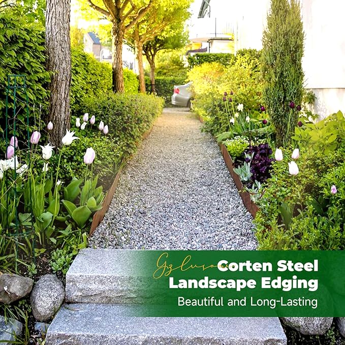 Cor Ten Steel Metal Landscape Edging 40 inch with Top Bending Protection Pre-Rusted Cor Ten Steel Garden Edging 8 Inch Depth 180 Degree Bend 6 Pack for Lawn Yard (8 inch-180 Degree Bend, Rusted)