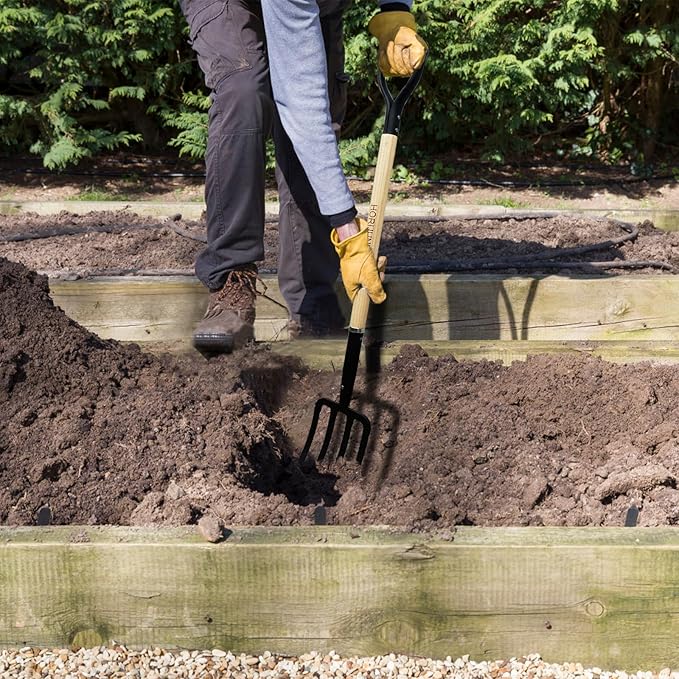 Garden Fork,4-Tine Pitchfork,Spading Digging Fork,Forged Steel Y-Grip, Wood Handle,45Inch