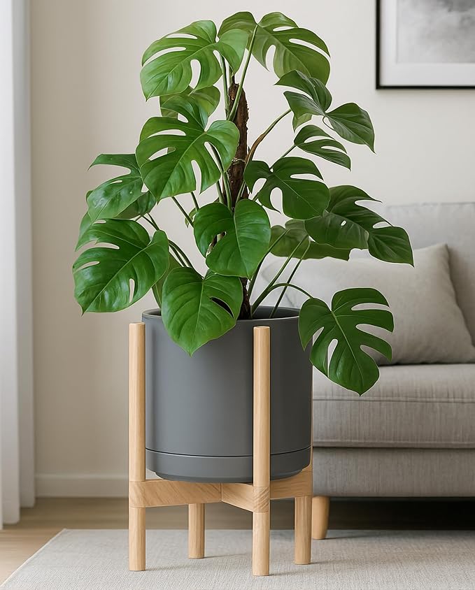 D'vine Dev Ceramic Planter with Natural Stand - 12 Inch Modern Round Flower Pot with Wood Planter Holder, Grey, 55-B-J-3