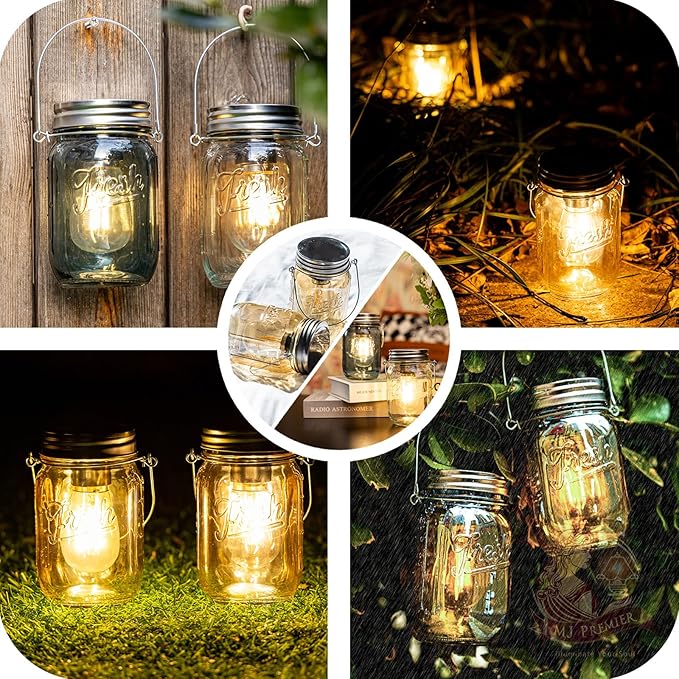 Outdoor Mason Jar Lights Hanging, 2-Pack LED Decorative Garden Lanterns with Timer, Battery Operated Vintage Glass Light for Patio Camping Courtyard Backyard Tree Hallway Stairs Farmhouse (2Color)