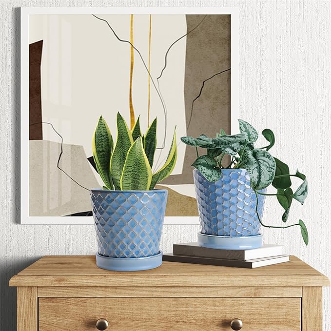 EFISPSS Plant Pots, 5 Inch Pots for Indoor Plants, Planters with Drainage Hole and Saucer, Ceramic Flower Pots Desktop Office Windowsill Decoration Gift Set of 4 - Sky Blue