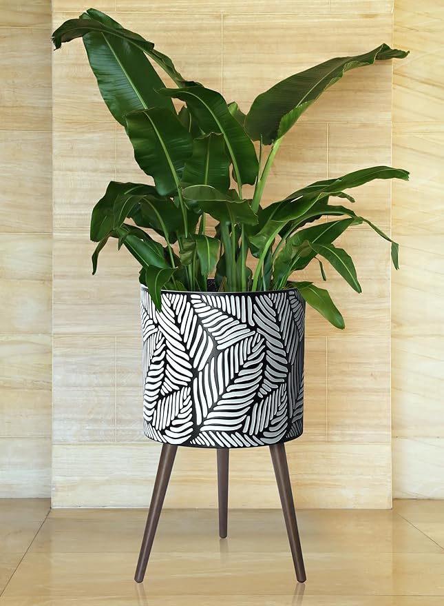 D'vine Dev 16 Inch Planter Pot with Stand, Mid-Century Tall Plant Pot with Legs for Indoor Plants, XX-Large, White/Grey, 88-L-E-7