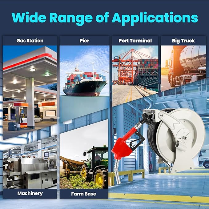 Retractable Fuel Hose Reel, 3/4 in × 66 ft Rubber Hose Heavy Duty Steel Professional Spring Driven Diesel Hose Reel with Fueling Nozzle Max 300PSI Auto Rewind Quick for Ship Vehicle Tank Truck