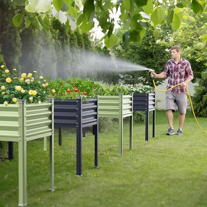 Raised Garden Bed with Legs, 48×24×32in Large Galvanized Elevated Planter Box, Metal Raised Beds for Gardening Backyard Patio Balcony, 400lb Capacity (Olive Green)