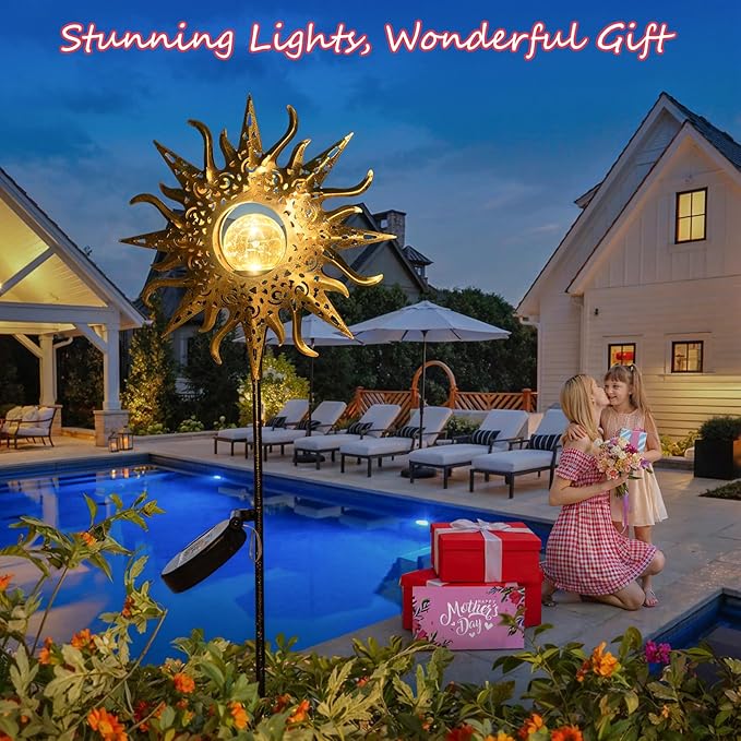 HOMEIMPRO Large Sun Solar Garden Decor Lights Outdoor Garden Gifts Mom Dad, Crackle Glass Metal Stake,Yard Decorations, Waterproof LED Lights for Lawn Patio Ornaments, Mothers Day Gifts for Women