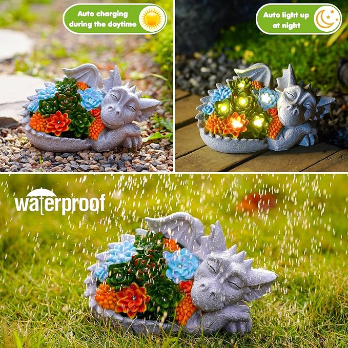 Solar Dragon Statue with Succulent Lights - Dragon Garden Sculptures & Statues,Garden Decor for Outdoor Yard Art Ornaments 9.1inch (Gray)