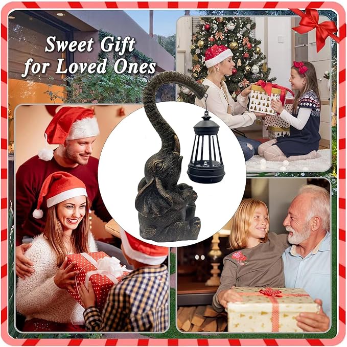 10.6 Inch Statue Elephant with Solar Outdoor Lights for Garden Decor,Lucky Present with Appeal For Birthdays(Man and Women and family), Unique Housewarming Presents and Yard Decoration. (black)