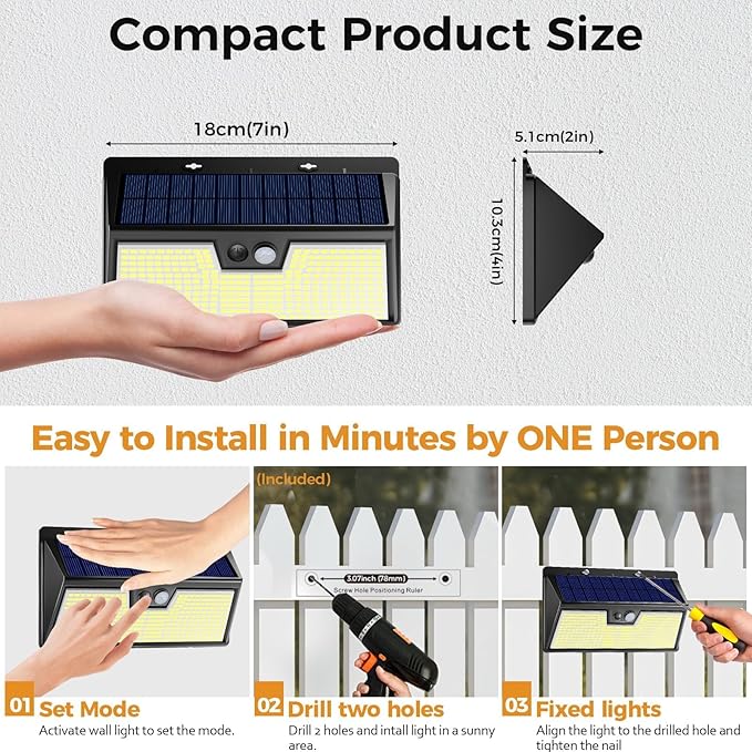 4 Pack Solar Lights Outdoor Motion Sensor, 318 LED Waterproof Fence Light with 3 Lighting Mode, Cool White LED Deck Light for Outside Wall Yard Chichen CoopGarden