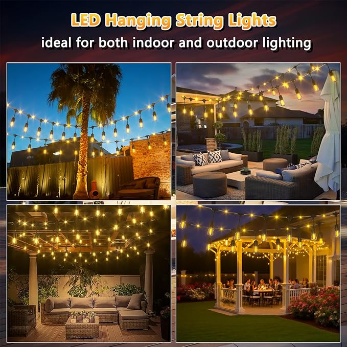 Outdoor String Fairy Lights, 48ft Dimmable Patio Lights with 15+1 S14 Retro Edison Bulbs & 144 Fairy Rope, IP65 Waterproof, LED Outside Hanging Light for Party Backyard Bistro, 7 Strands Connectable