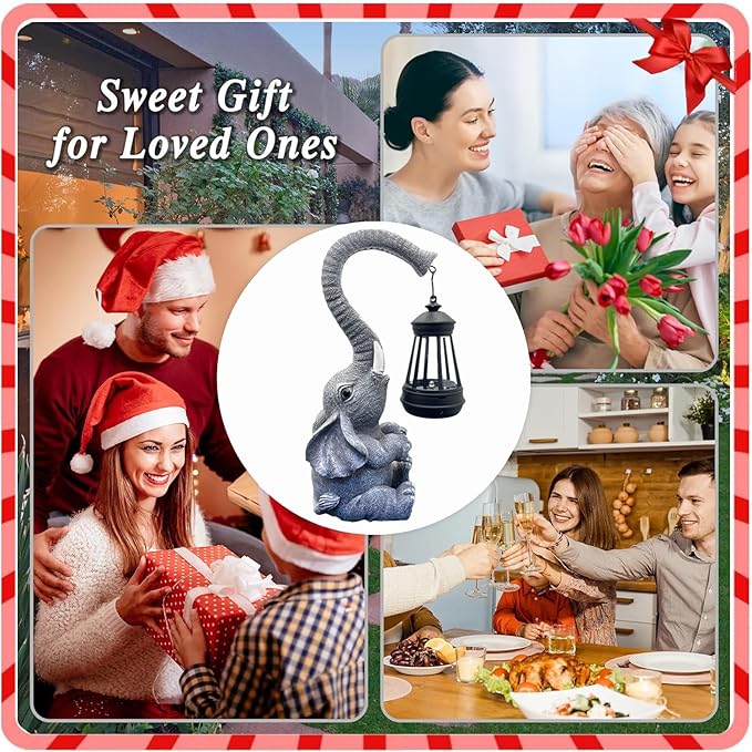 10.6 Inch Statue Elephant with Solar Outdoor Lights for Garden Decor,Lucky Present with Appeal for Birthdays(Man and Women and Family),Unique Housewarming Presents and Yard Decor. (Gray)