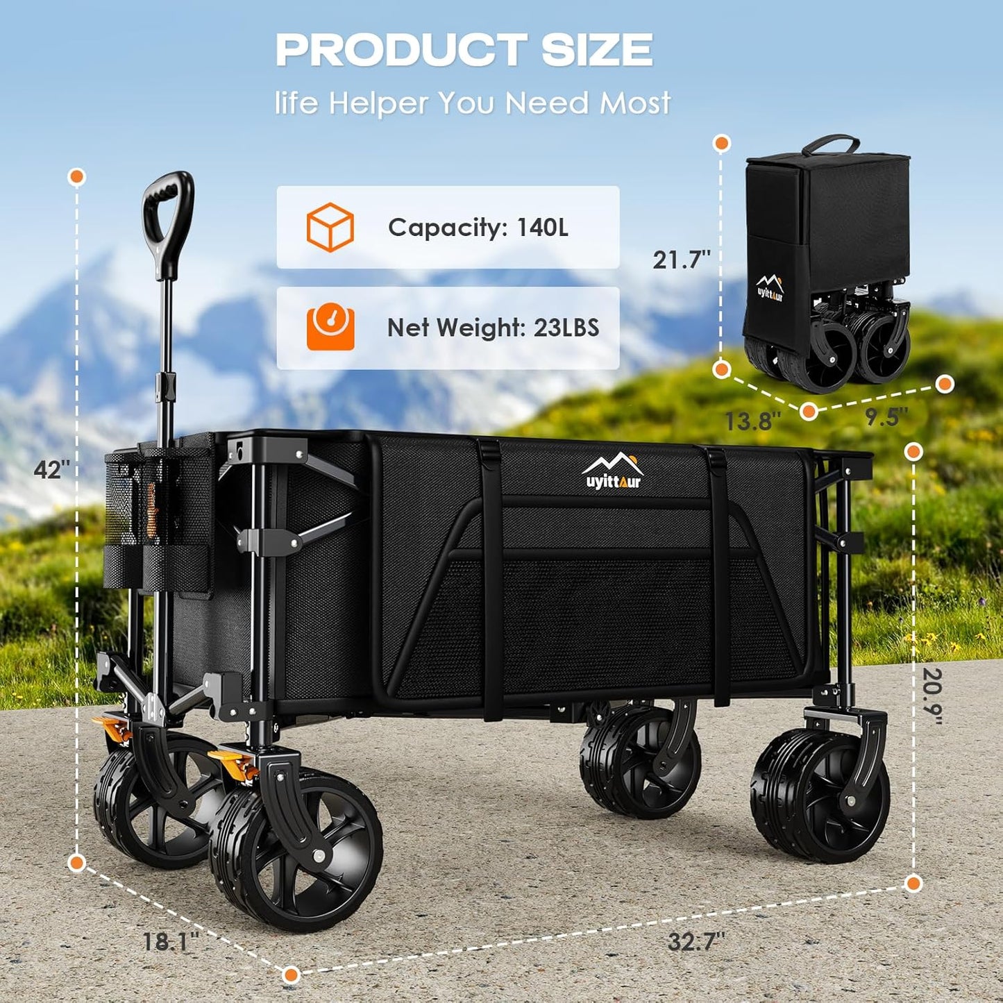 Collapsible Wagon Cart Heavy Duty Foldable, Folding Beach Wagon with Big Wheels for Sand, Utility Grocery Cart with Side Pocket and Brakes for Camping Sports Outdoor Activities, Black