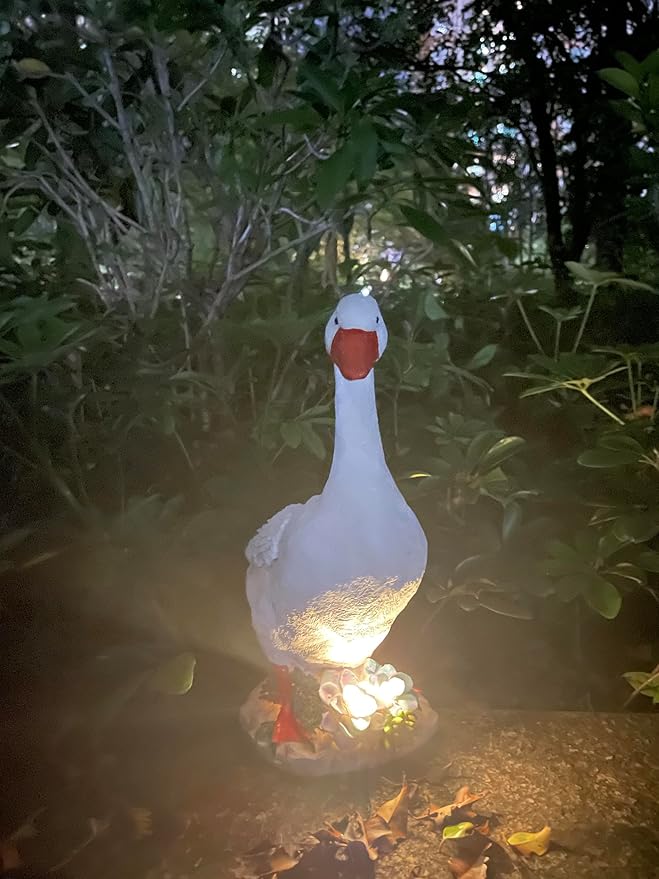 Resin GG Goose Statue with Solar Lights, Small Size, Garden Lawn Décor, Table Desk Corner Front Steps Decor, 12.9 inches Tall, White Duck, Indoor/Outdoor, by GGTown TM