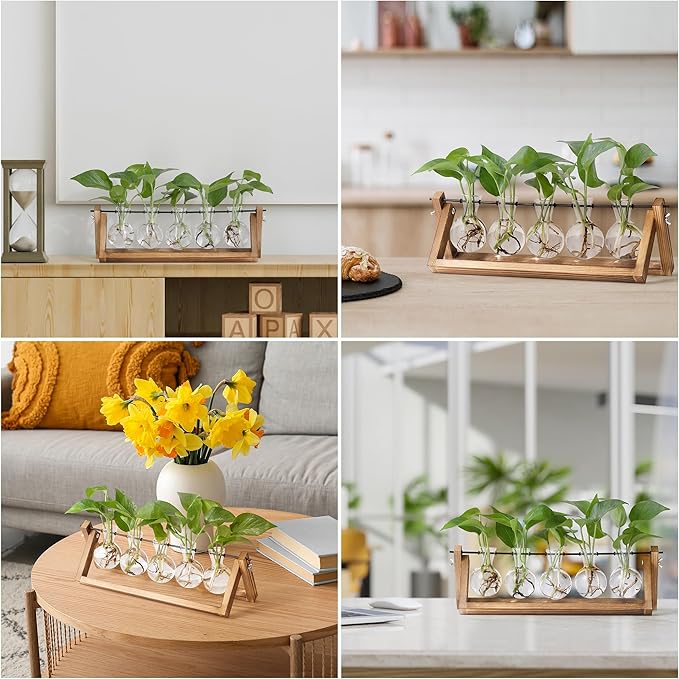 YIBOT Propagation Stations,Plant Terrarium with Wooden Stand,Plant Lover Gifts for Women for Hydroponics Plants Home Garden Wedding Decor(5 Bulb Vase)