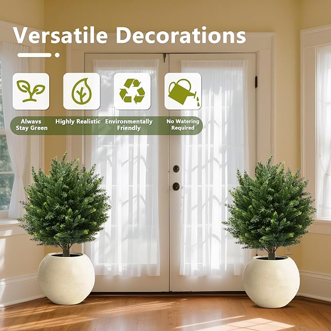 28" UV Resistant Artificial Shrubs for Outdoors - Real Looking Faux Bushes, Fake Cedar Trees, Outdoor Faux Ball Plants & Topiaries - Set of 2 Artificial Shrubs, Artificial Bushes for Garden Decor