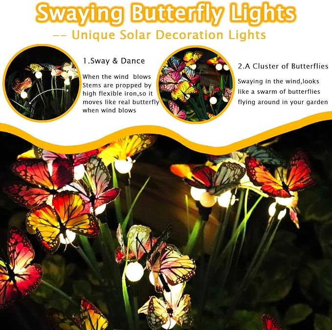 Swaying Solar Butterfly Light, Solar Garden Lights Outdoor Waterproof,Garden Decoration for Yard,Patio,Lawn,Pathway (2 Pack)