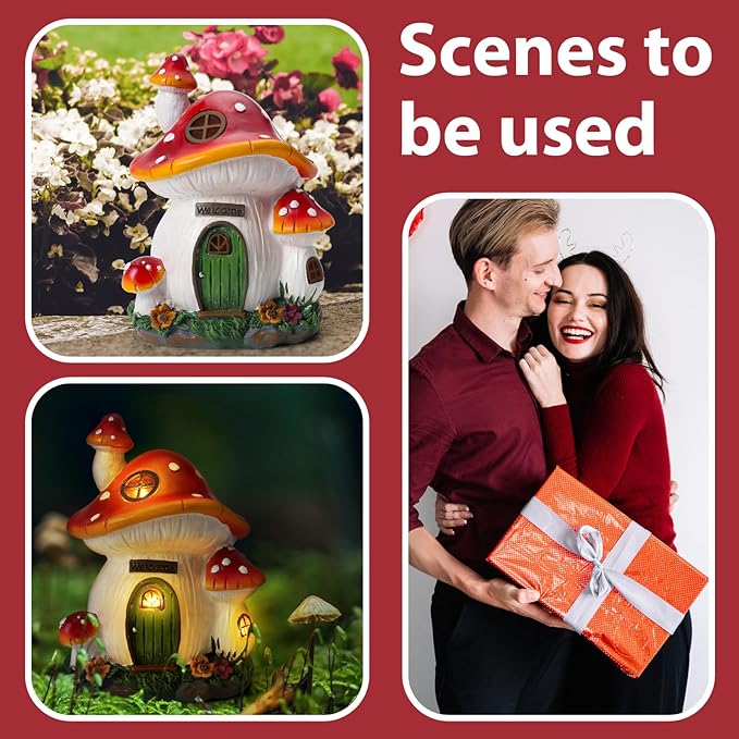 Mushroom House Garden Statue Outdoor, Solar Light Mushroom House Garden Figurines for Lawn, Balcony, Yard Decoration, Outdoor Garden Decoration