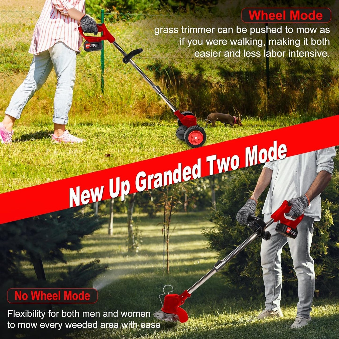 Cordless Weed Wacker, Electric Grass Trimmer 21V 4.0Ah Battery Powered Weed Trimmer, 3 in 1 Stringless Lightweight Brush Cutter/Edger/Mower with 4 Types Blade & Wheels for Garden and Yard Lawn