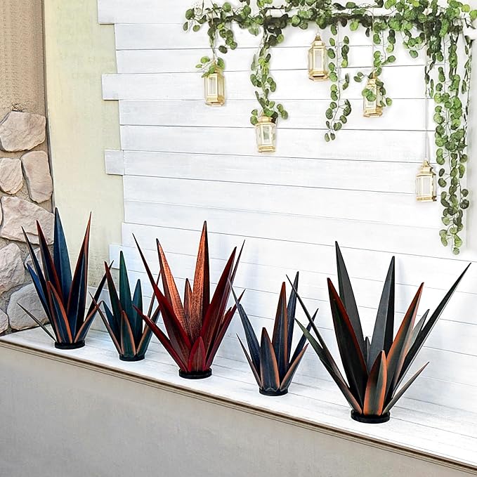 Large Tequila Rustic Sculpture, Rustic Metal Agave Plants for Outdoor, Metal Agave Garden Yard Statue, Outdoor Lawn Ornaments Yard Stakes (Rusty - L (W/Solar Light))