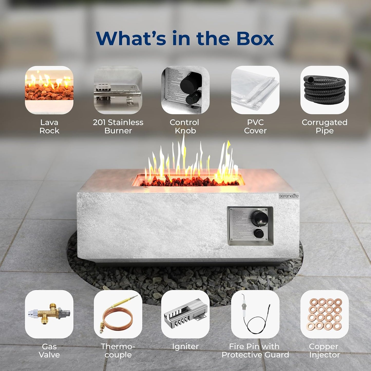 SereneLife Propane Fire Pit Table, 40,000 BTU Outdoor Square Gas Fire Pit with Cover, Weather-Resistant Metal, Adjustable Flame, Lava Rock Set, Ideal for Patio, Backyard & Terrace (30” x 30” x 11”)