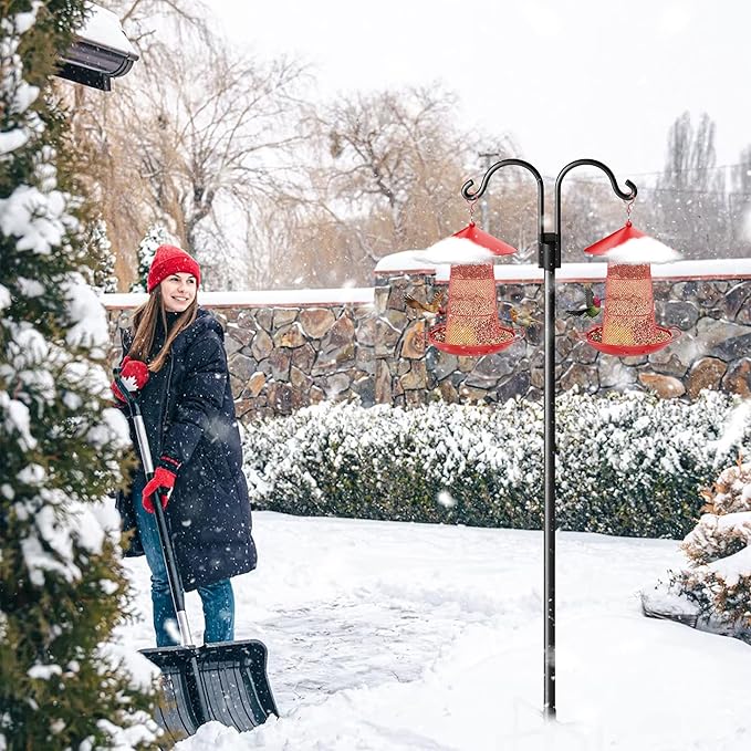 Double Shepherds Hooks for Outdoor, Heavy Duty Bird Feeder Pole with 5 Prong Base, Adjustable Shepards Hook for Outside, Garden, Weddings, Hanging Plant, 2 Pack