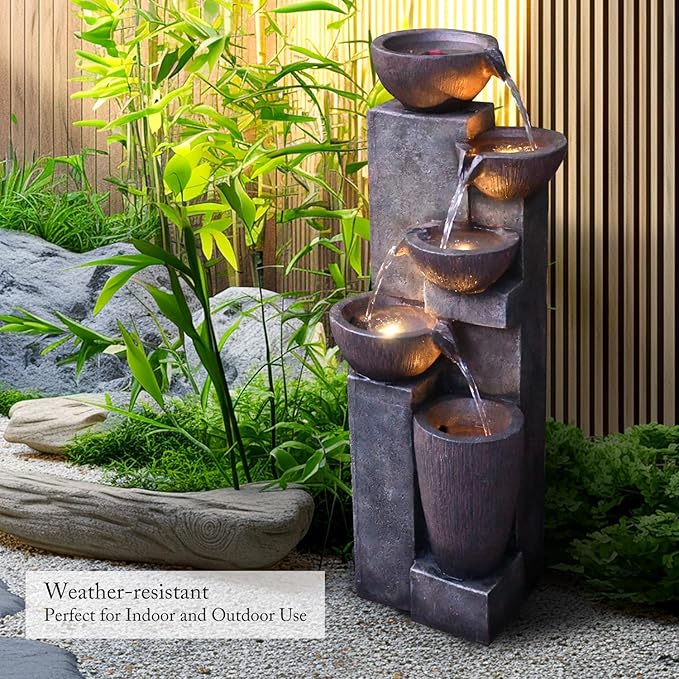 SunJet 5-Tier Cascading Indoor/Outdoor Water Fountain with LED Lights - 39.7" High Large Waterfall Floor Standing Fountain for Garden, Patio, Yard, and Deck Decor - Relaxing Outdoor Water Feature