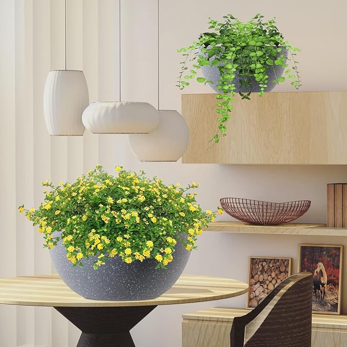 WOUSIWER 13 inch 2 Pack Large Hanging Planters for Indoor Outdoor Plants with Drainage Holes and Chain, Round Hanging Flower Pots for Garden Home Porch Decor, Grey Speckles