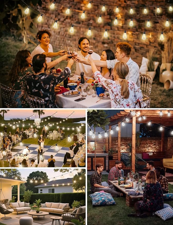 Brightever 3 Color in 1 Outdoor String Lights with Remote, 150FT LED String Lights for Outside with 47 ST38 Vintage LED Bulbs, Waterproof IP65 Outdoor Light for Patio, Bistro, 2700K/4000K/5000K