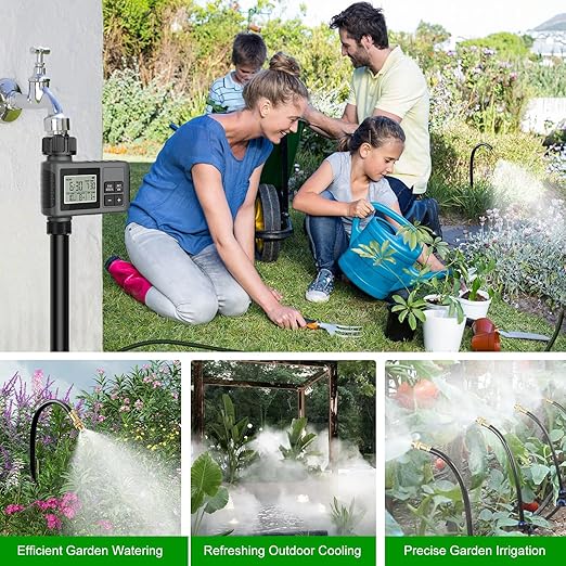 60FT Drip Irrigation System with Water Timer – Automatic Garden Watering Kit with 360° Bendable Hose & Adjustable Nozzles, Smart Irrigation System for Greenhouse, Lawn, Yard & Plants