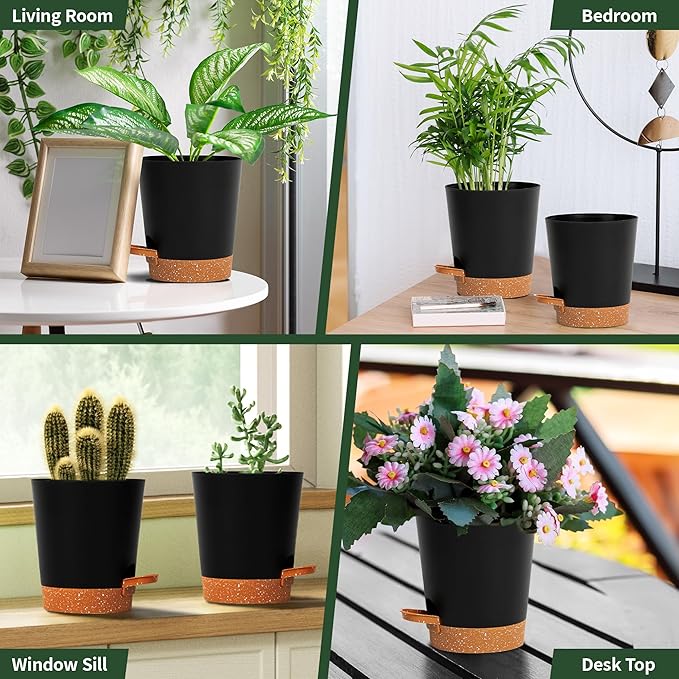 4 inch Small Plant Pots for Outdoor Indoor Plants, 5 Pack Planters with Drainage Holes and Tray, Small Self Watering Pots for Succulent,Cactus, Aloe and Other Plants (Black)
