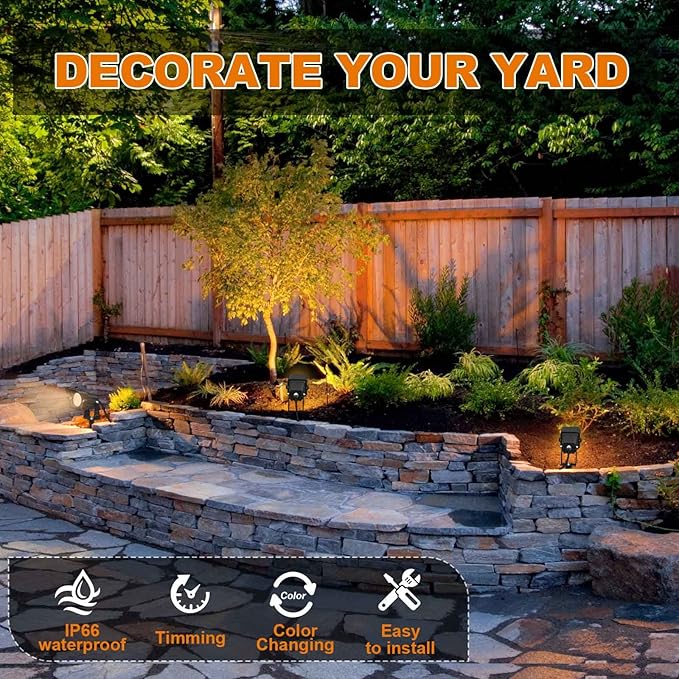 Christmas Outdoor SpotLights with Timer, 10W IP65 Waterproof Metal Landscape Lights Remote Colored Spot Lights RGB Color Changing Spotlight for Outdoor Yard Garden Lawn(2 Lights)