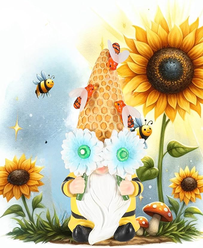 iStatue Garden Gnomes Outdoor Clearance with Solar Bee Lights - 9.5'' Resin Figurine Honeycomb Sunflower Spring Summer Decoration for Home Garden Decor Lawn Ornaments (Mr Bee Gnome)