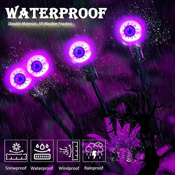4 Pack Solar Purple LED Eyeball Halloween Outdoor Lights - Waterproof, Swaying Fairy Lights for Pathway, Yard & Garden Decorations