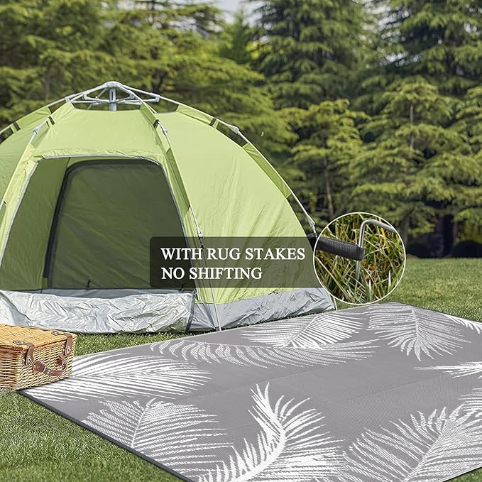 Pauwer Outdoor Rug, 6'x9', Leaf Grey, Reversible, Waterproof, Polypropylene, Lightweight, RV Mat, Patio Decor