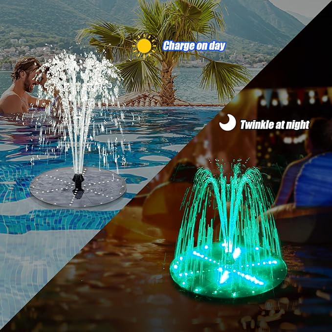 Solar Bird Bath Fountains Upgraded, 4W Solar Powered Water Fountain Pump with 4000 Battery, 7 Nozzles & 4 Fixers, Colorful LED Lights for Garden, Swimming Pool, Pond, and Outdoor Decor