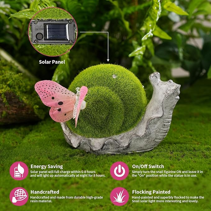 Solar Snail Garden Statue Lights for Outdoor Decor Flocking with LED Figurine Lighting Resin Slug Flocked Decorations for Patio Lawn Yard Home Housewarming Mom Wowen Gifts