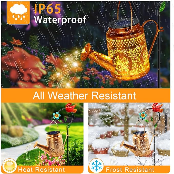 Solar Lights Outdoor Garden Decor, Cardinals Hanging Waterproof Watering Can Lights Outside Decorations for Yard Front Porch Patio Backyard Gift for Mom Grandma Women Birthday (with Shepherd Hook)