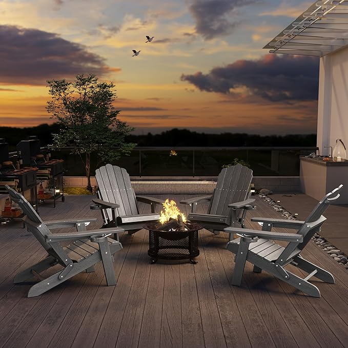 Folding Adirondack Chair Set of 2 with Adjustable Backrest, Adirondack Chair with Ottoman with 2 Cup Holders, for Outdoor Beach Garden Porch Lawn Pool Deck, Grey