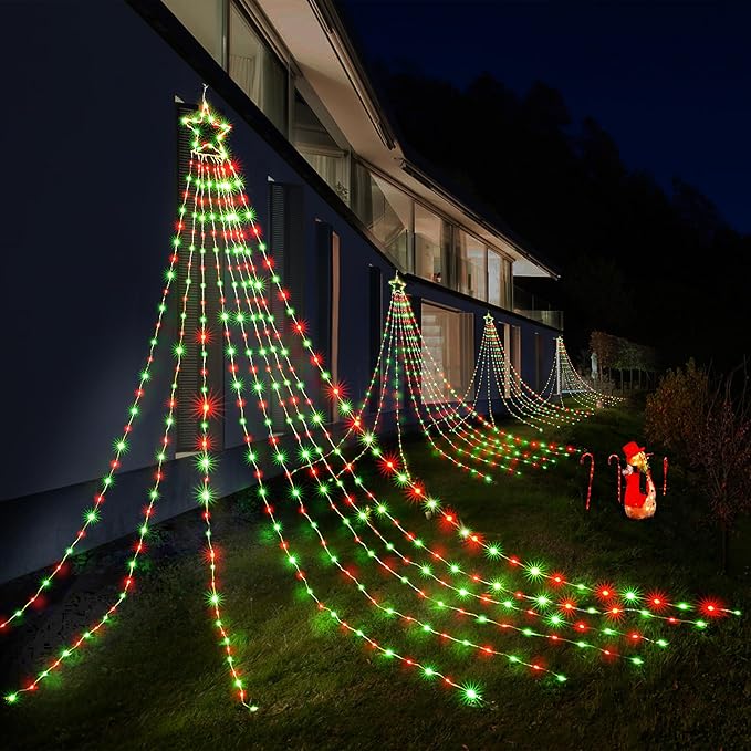 BlcTec Outdoor Christmas Decorations, 352 LED Christmas Star Lights with 9 Strands 11.7ft Waterfall Christmas Tree Lights, 8 Modes, Waterproof, Timer for Yard Patio Xmas Décor, Flowing Red and Green