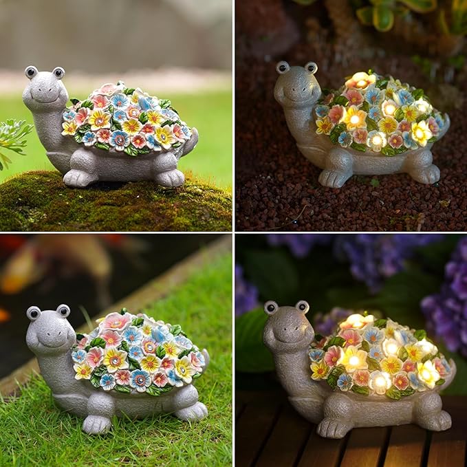 Solar Turtle Garden Decor with Flowers: Outdoor Clearance Statues Lights for Outside Lawn Ornaments Porch Patio Balcony Yard โ Birthday Gifts for Mom Grandma Women