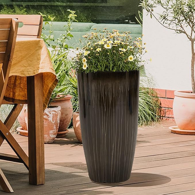 Worth Garden 23.5" H. Large Plastic Planters - Set of 2 Gradient Black Glossy Smooth Finish - Tall Plant Pots for Indoor & Outdoor Use - Decorative Lightweight Flower Pots for Front Porch, Patio, Deck