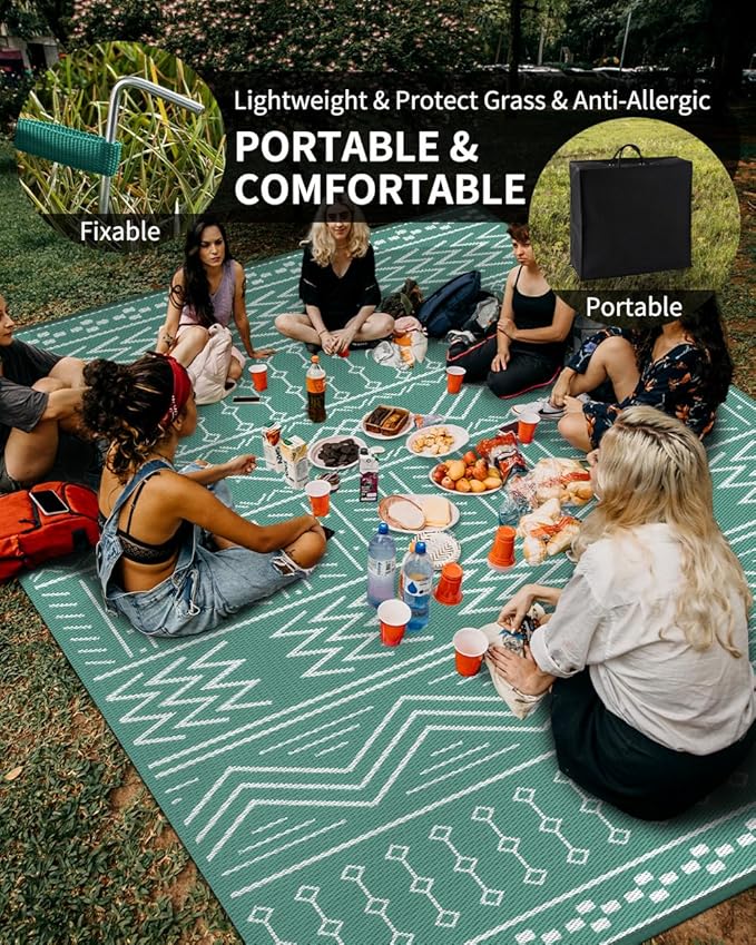 Outdoor Rug Carpet Waterproof 6x9 ft Patio Rug Mat Indoor Outdoor Area Rug for RV Camping Picnic Reversible Lightweight Plastic Straw Outside Rug for Patio Decor Decoration Boho Rug Turquoise White