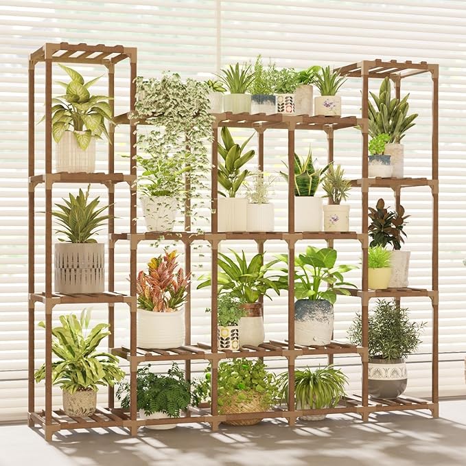 Large Plant Shelf 17 Pots Plant Stand Indoor Outdoor Tall Plant Rack Wood for Indoor Plants Multiple Plant Holder for Patio Balcony Garden Flower Stand Load-Bearing 600 LBS