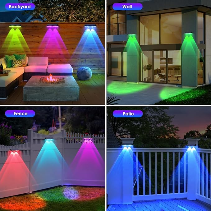 Solar Fence Lights Outdoor - Warm White & RGB 6 Color, Dusk to Dawn Deck Light, IP65 Waterproof Garden Lights for Outside/Backyard/Railing/Step/Patio/Wall (8 pack)