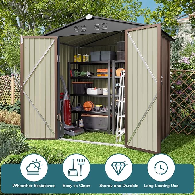 Gizoon Outdoor Storage Shed 6 x 4 FT, Galvanized Metal Garden Shed with Double Lockable Doors, Outdoor Storage Clearance for Backyard Patio Lawn-Light Brown