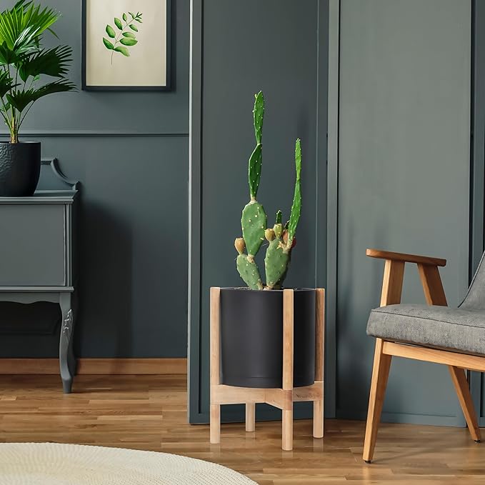 D'vine Dev Planter Pot with Stand - 12 Inch Plastic Cylinder Flower Pot with Wood Planter Holder for Indoor, Matte Black Pot + Natural Stand, 55-C-P-2