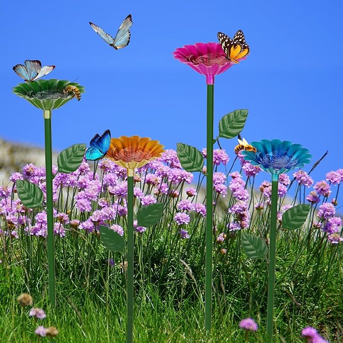 2 Pack Bee Watering Station,Bee Bath for Garden Metal Bee Water Feeder with Flower Design, Colorful Butterfly Bee Bath Bowl for Outdoor Garden Yard Decor (Blue,Yellow)