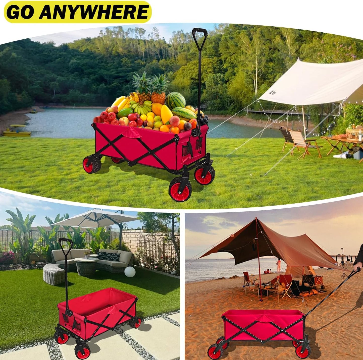 Collapsible Foldable Wagon Cart, Heavy Duty Folding Wagon with Big All-Terrain Beach Wheels, Portable Utility Garden Cart with 330lbs Weight Capacity for Camping Fishing & Outdoor Use